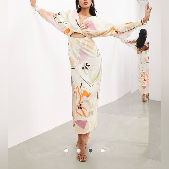 ASOS Edition Strapping Detail Maxi Dress in Stone Art Floral - Size 6 - Picture 2 of 7